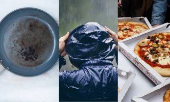 Tre eksempler på produkter med PFAS - stekepanne, regnfrakk og pizza i eske