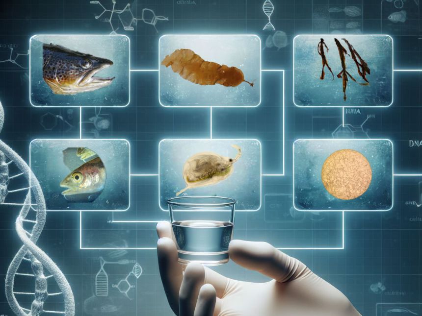 The image is partly AI-generated with Co-pilot: “A hand with a lab glove holding up a small glass of water. Add five small boxes (…). Draw a thin line from each box to the glass of water. Change to landscape format and add a DNA symbol subtly in the background.” Inside the boxes are real images of various organisms: trout, sugar kelp, seaweed, cod, plankton, oomycete parasite. 
