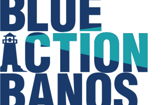 The logo for the BlueActionBanos research project. It spells the words and the a is a lighthouse shining on the rest of the logo.
