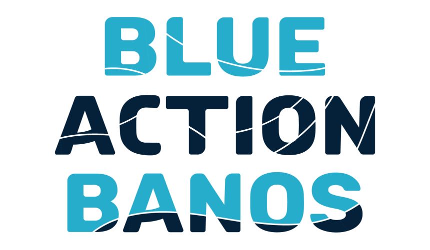 The logo for the BlueActionBanos research project. It spells the words and the a is a lighthouse shining on the rest of the logo.