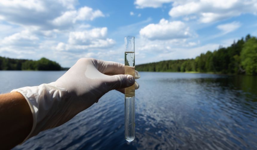 A hand with a plastic glove holding up a water sample in a test tube in front of a lake