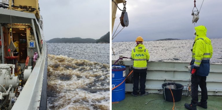 Båt i sjø + to mennesker ombord i båt