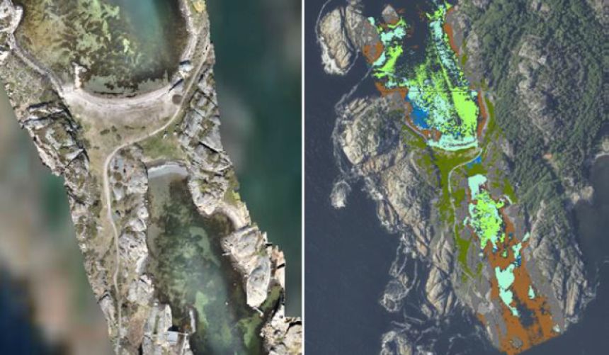 Dronebilde av kysten (Ølbergholmen i Larvik, Norge.