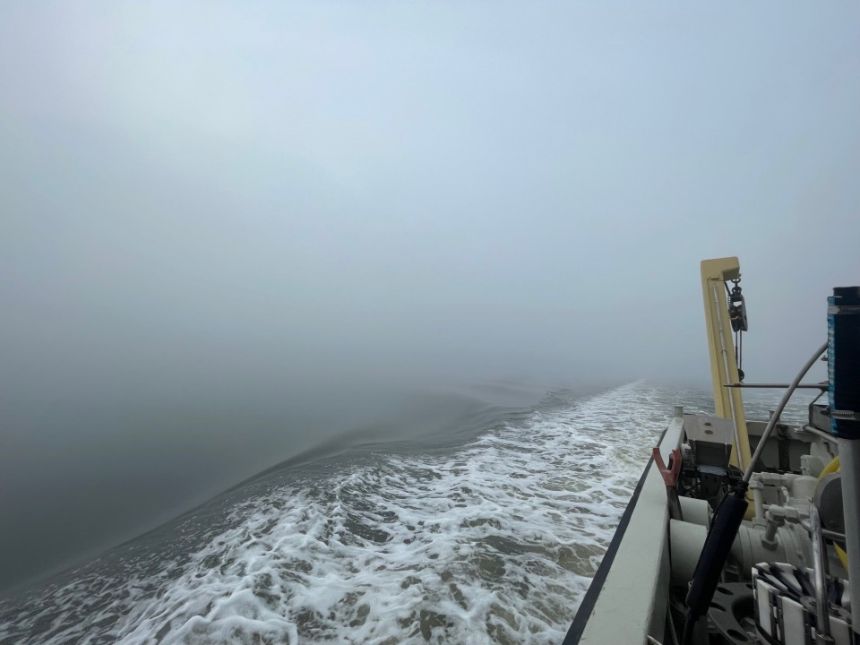 Tåkete fjord fra båten