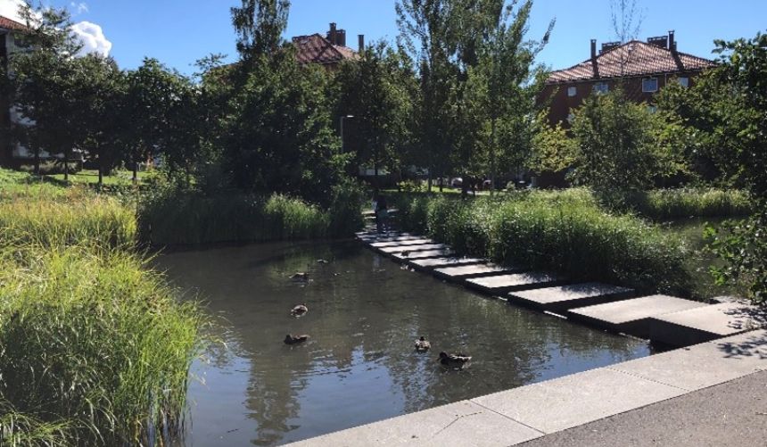 Personer på frodig gangvei langs elv. 
